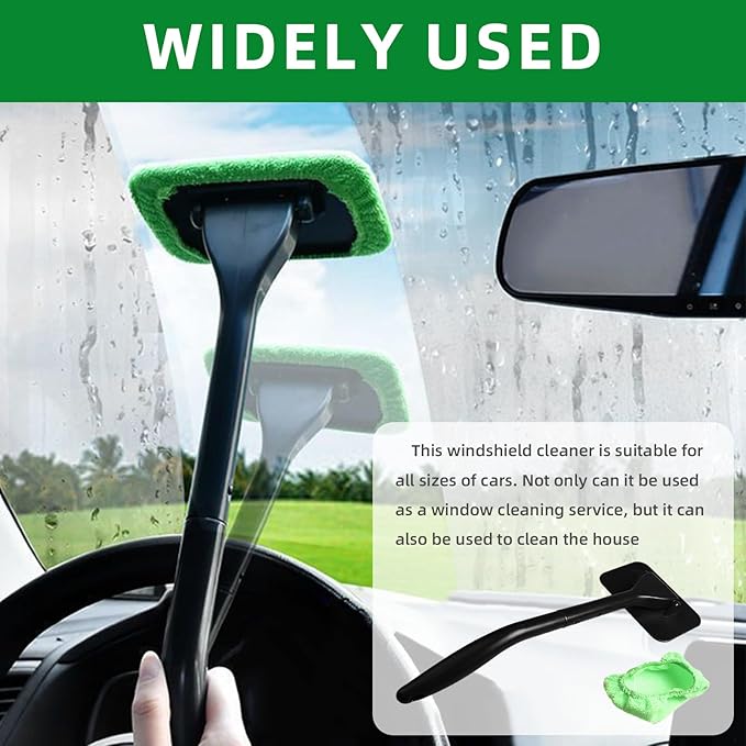 Car Windshield Cleaning Tool, Microfiber Auto Window Cleaner Set with 2 Washable & Reusable Cloth Pad Head, Long Handle and Spray Bottle, Universal Glass Wiper Cleaning Kit