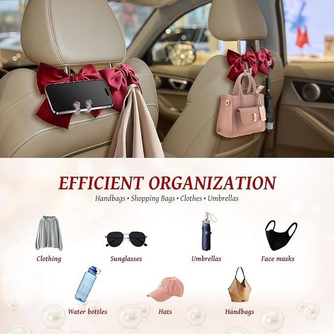 2 PCS Bow Pearl Car Seat Headrest Hook – Cute Purse Hook for Car, Girly Interior Decoration Accessories Hook Hanger, Seatback Holder for Purses & Bags, Elegant Car Organizer (Red)