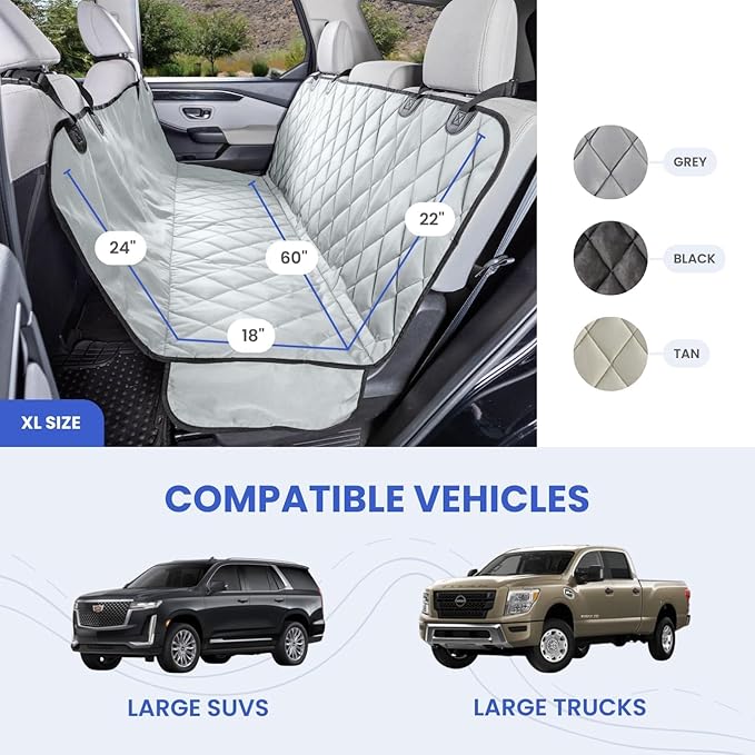 4Knines Dog Backseat Cover with Hammock for Cars, SUVs, and Trucks – Waterproof Layers, Nonslip Seat Protector, Durable Nylon Clips, K9 Shield with Heavy Duty Thread, (Extra Large, Grey)