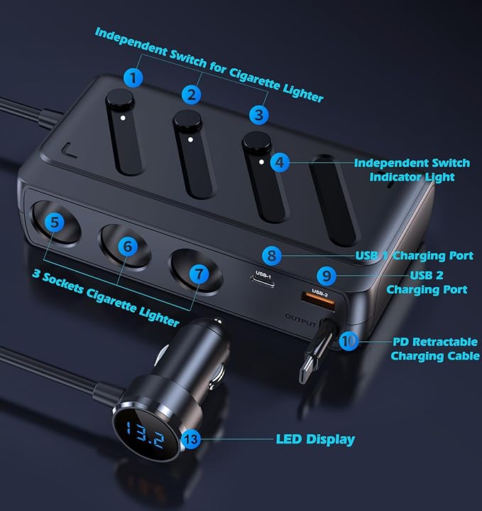 LIHAN Cigarette Lighter Splitter with Retractable Type-C Cable, 3 Sockets & 3 USB Ports (PD45W+QC),12V/24V Car Charger Adapter, LED Voltage Display & Independent Switch for Vehicles/RV/SUV/Truck