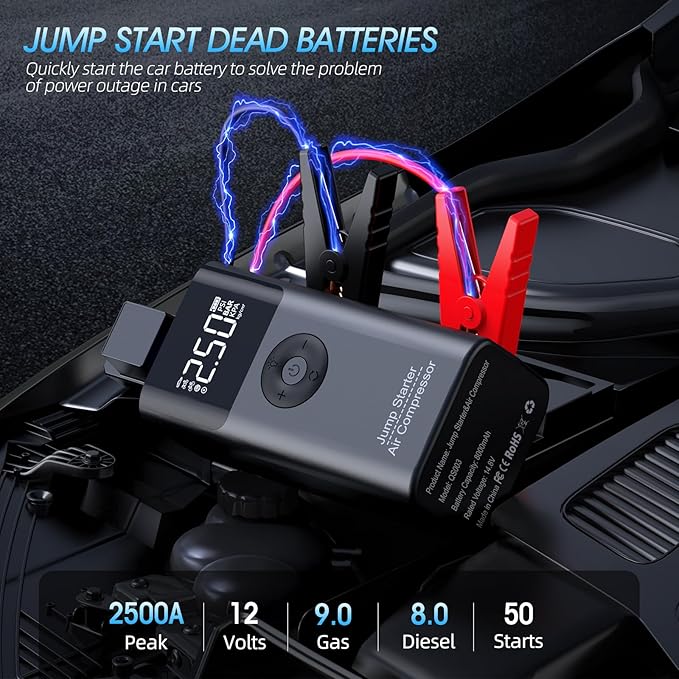 Jump Starter with Air Compressor, LERTIN 2500A 150PSI Portable Car Battery Jump Starter Pack, 12V Jump Box with USB Fast Charge, for up to 9.0 Gas/8.0L Diesel Engine, 3 Modes Lights/Large LCD Display