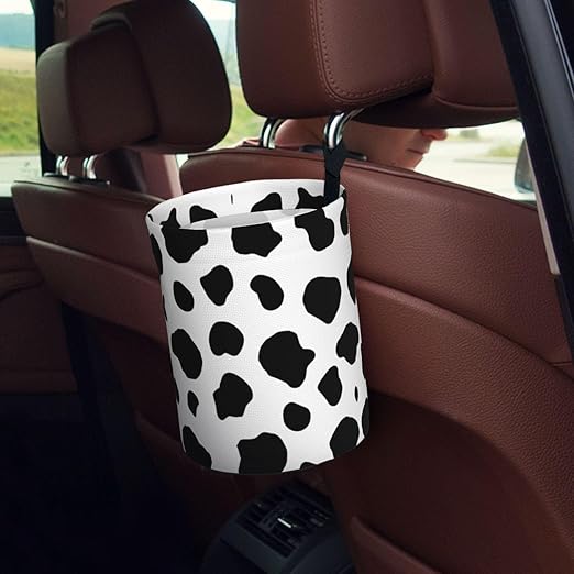 Black and White Cow Pattern Car Trash Can Leak Proof Hanging Waterproof Garbage Can Multipurpose Trash Bin for Car SUV Front Seat Headrest Collapsible and Portable Storage Pocket