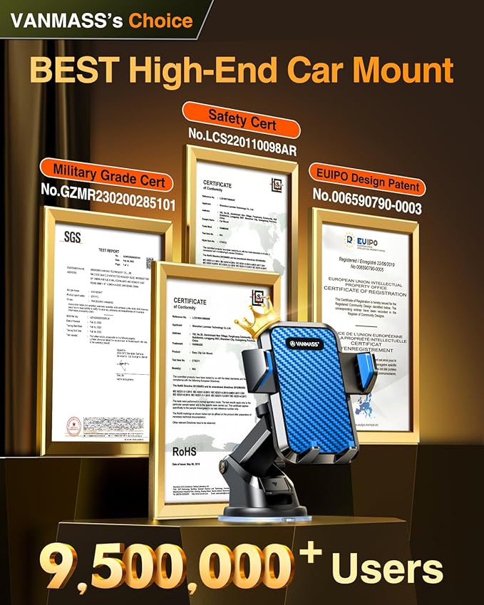 VANMASS【85+LBS Strongest Suction & Military-Grade Ultimate Car Phone Mount【Patent & Safety Certs】 Cell Phone Holder Truck for Dashboard Windshield Vent for iPhone 17 Pro Max 16 15 14, Blue