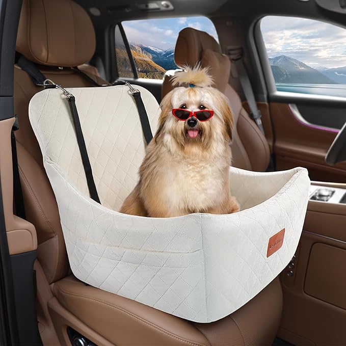 Lealchum Dog Car Seat for Medium Dogs Up to 40lbs,Easy to Install with Adjustable Straps,Anti-Slip Base,Fully Detachable and Washable,Soft Fabric Fill in Memory Foam,2 Side Pockets(Beige,Medium)