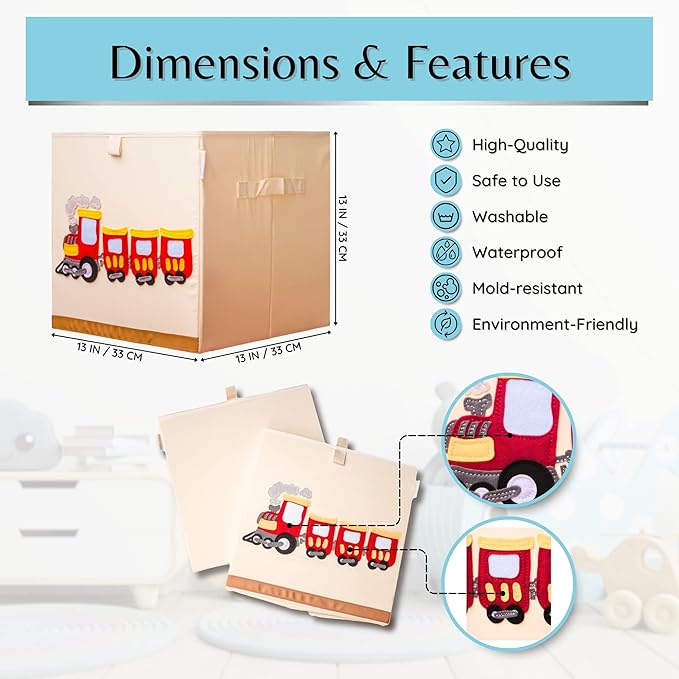 Washable Toy Box Storage Cube, Canvas Toy Chest Organizer Foldable Kids Toy Storage Organizers for Child's Bedroom or Playroom -13x13x13 Inch (Train)