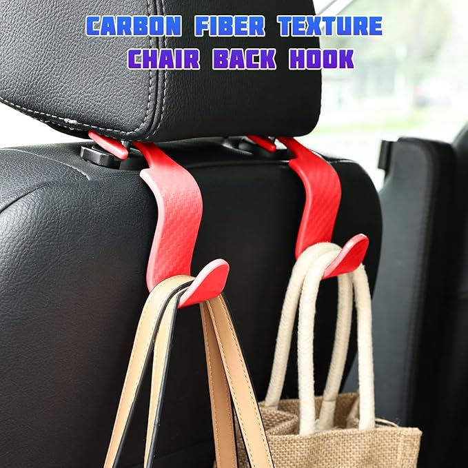 Car Seat Headrest Hooks, 4PCS Carbon Fiber Vehicle Back Seat Storage Hanger Holder for Hangbag Coat Grocery, Automotive Interior Headrest Hook Organizer, Universal for Vehicles (Red)