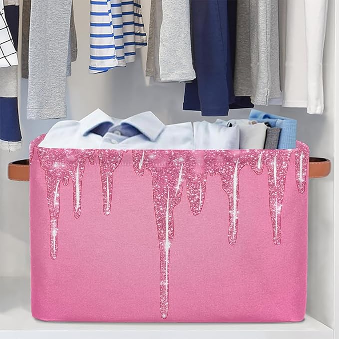 Pink Sparkly Storage Baskets for Organizing, Fabric Collapsible Storage Bins Box Pink Glitter Decorative Toy Organizer Baskets for Closet Shelves Gift Basket 1 Pc
