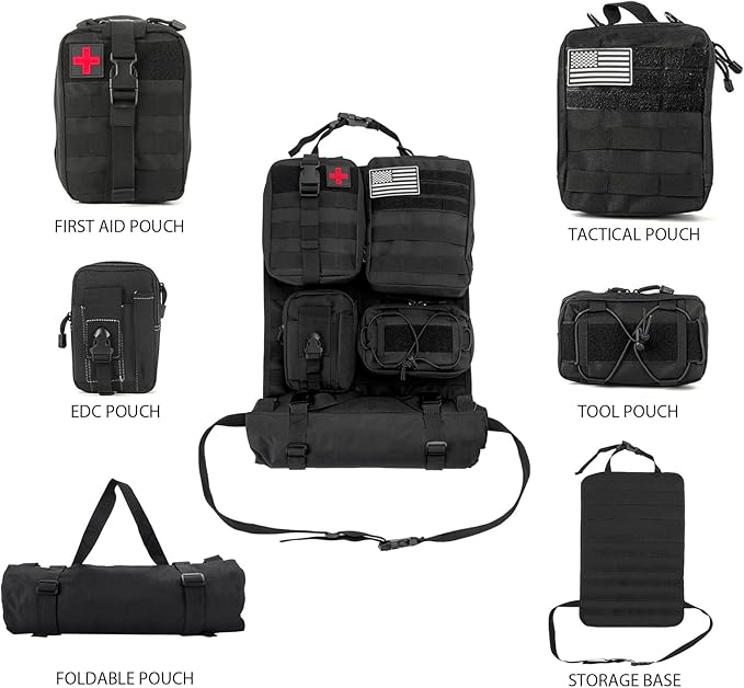 Car Organizer Back Seat, Tactical Seat Back Organizer with 5 Detachable MOLLE Pouches, Universal MOLLE Car Accessories for Vehicle Car Truck SUV