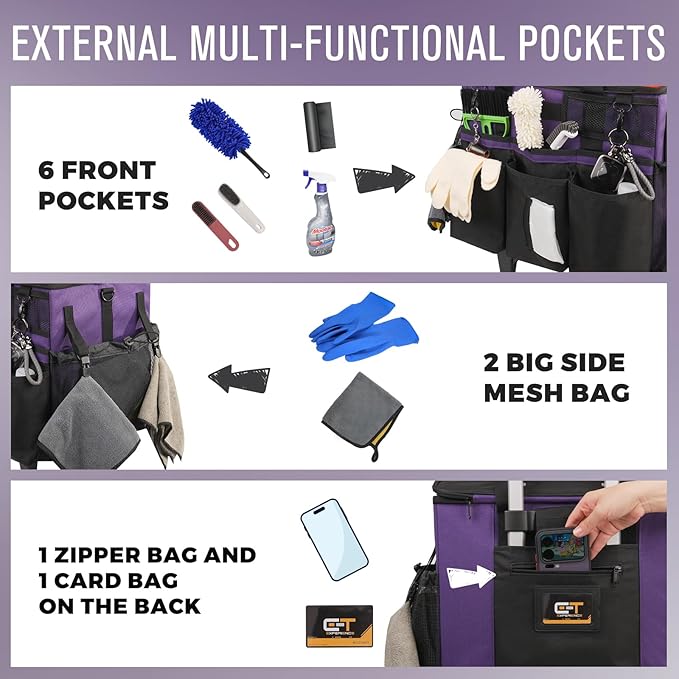 Rolling Cleaning Caddy Bag with Detachable Trolley, Large Cleaning Supplies Organizer with Wheels, Multi Pocket Cleaning Cart with Adjustable Shoulder Strap for Housekeeper & Home, GrapePurple