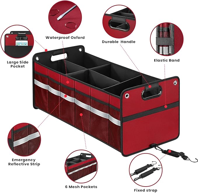 Car Trunk Organizer, Car Storage Organizer, Collapsible Multi Compartment for Car, Suv, Sedan, Truck, 100L, Extra Larger (Red, 100L)