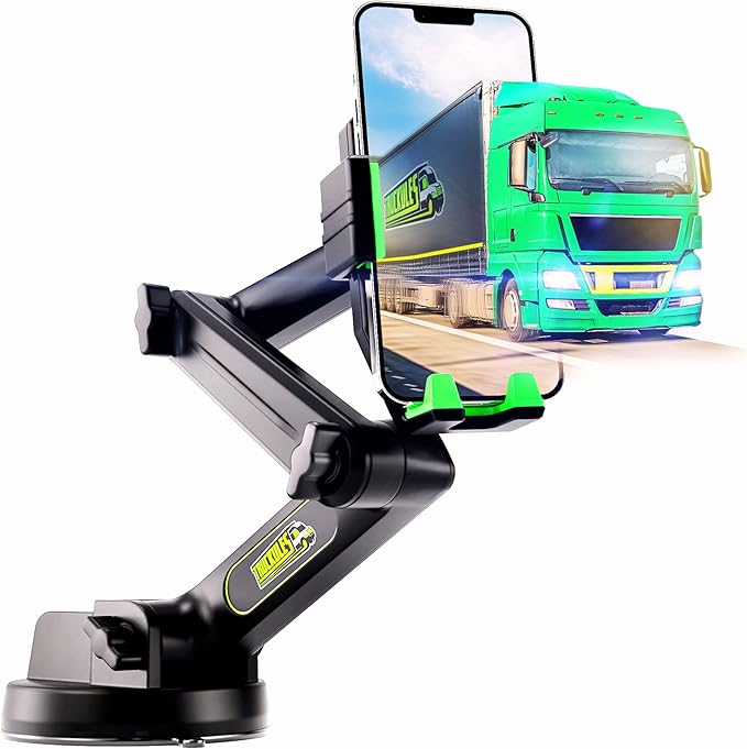Cell Phone Mount for Truck Phone Holder for Truck Drivers - Heavy Duty Suction Cup + Dashboard Pad, iPhone Holder for Dashboard Window 16.9 inch Long, for iPhone & Samsung, Commercial Trucker, Green