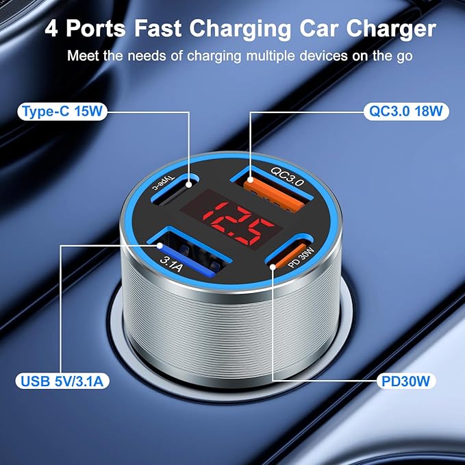 USB C Fast Car Charger, 2Pack 4-Port Fast Charging Car Charger with Voltage Display, Type C Car Chargers for Multiple Devices,USBC Phone Adapter for iPhone 17 16 15 Pro Max,Galaxy,iPad,Pixel,Android