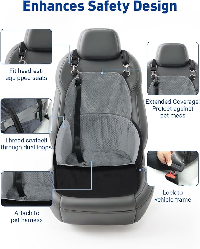 NUPIDA Dog Car Seat for Small Dogs, Dog Booster Seat with Extendable Backrest, Pet Car Seats up to 30 lbs, Washable Removable Cover Travel Bed with Storage Pockets and 2 Safety Leashes, Black&Grey