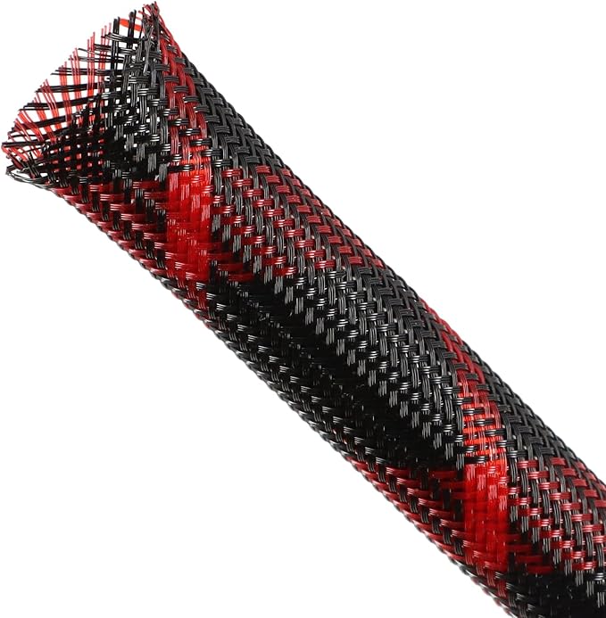 Expandable Braided Sleeving, PET Automotive Wire Loom, Flexible Cable Management for Audio Video and Other Home Device, Cord Protector from Pets (Black Red, 5/8" x 25ft)