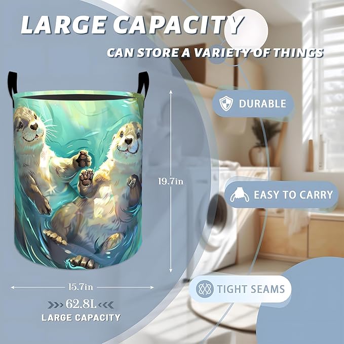 Playful Otters Floating in Water Laundry Basket with Handles, 19.7"x15.7" Clothes Foldable Laundry Hamper Organizer for Dorm Nursery Bedroom Bathroom Decor, Toy Storage Bin for Kids