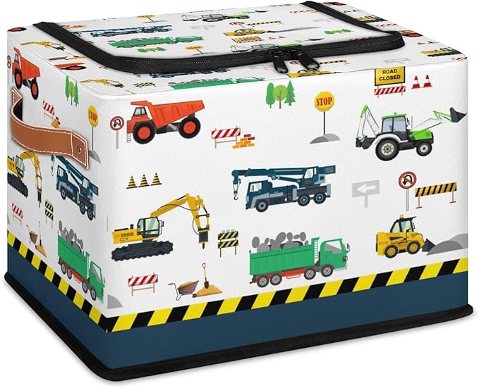 Large Toy Box Collapsible Storage Bins with Lids Closet Storage Baskets for Organizing Shelves Nursery Toy Storage Organizer Boxes for Kids, Boys, Girls (Blue Cute Cartoon Engineering Car)