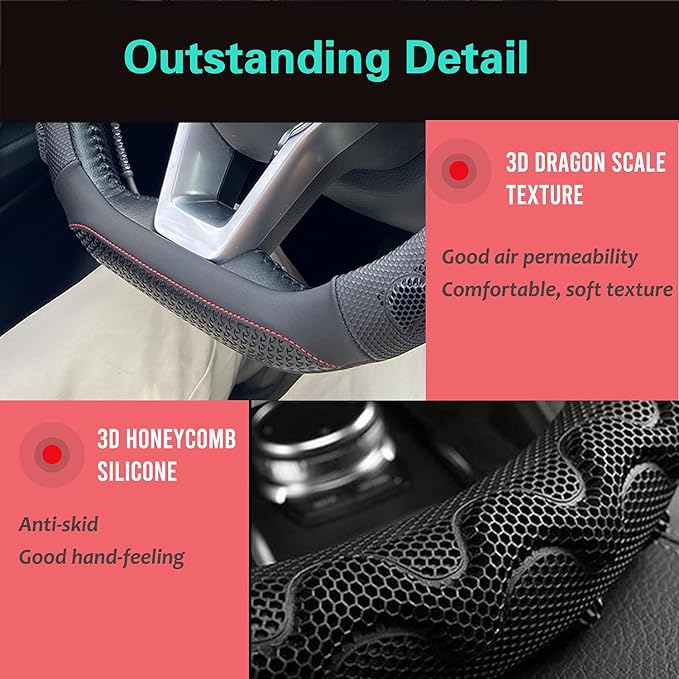 PINCTROT D Shaped 14 Inch Small Sized Steering Wheel Cover Great Grip with 3D Honeycomb Anti-Slip Design, Flat Bottom 14 Inch (Black/Red Stitch)