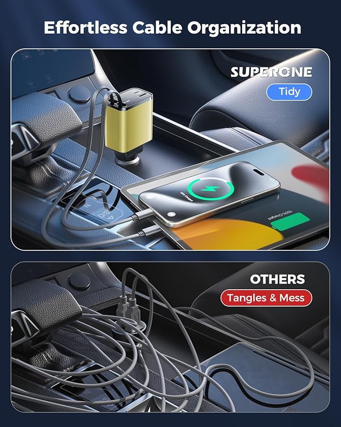 [2024 Upgraded] 4 in 1 Retractable Car Charger, SUPERONE Smaller Fast Car Phone Charger 69W with Cord, USB C and iPhone Car Charger Adapter, Compatible iPhone 17/17 Pro Max/16/15/14/13/12/11, Sumsung