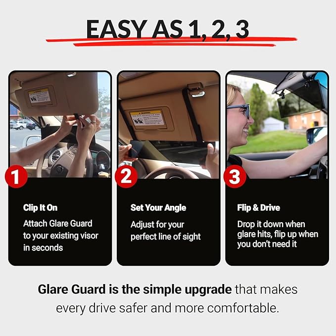 Glare Guard Professional-Grade Polarized Sun Visor Extender –Anti-Glare Sun Glare Blocker for Car Windshields, Adjustable Clip-On UV400 Tinted Visor Extension for Cars, Trucks & SUV (w/Storage Pouch)