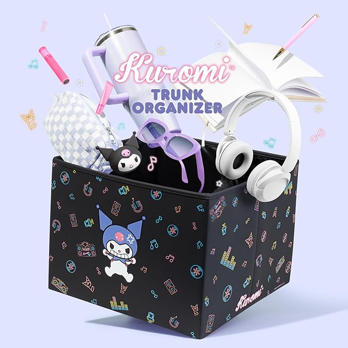Sanrio Kuromi Car Trunk Organizer & Steering Wheel Cover Set – Cute, Non-Slip, Soft Grip Car Accessories for Women – Collapsible Storage Bin for Groceries, Tools & Travel – 12.5"L x 12.5"W x 9"H