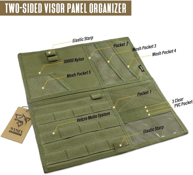 WYNEX Car Sun Visor Organizer with Double-Sided Folding MOLLE Panel, Auto Sun Visor Storage for Essentials & Tactical Gear, Compatible with Cars, Pickup, Trucks, Vans, SUVs