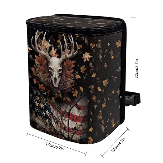 Talayituse Deer Skull American Flag Print Car Trash Can, Portable Auto Garbage Bin Multifunctional Vehicle Interior Accessories with Adjustable Straps Universal Fit Truck SUV Sedan