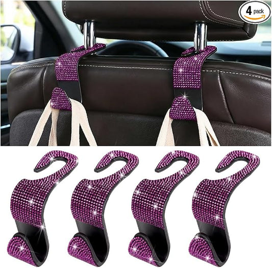 4PCS Bling Car Seat Headrest Hooks, Crystal Rhinestone Vehicle Purse Handbag Coat Hangers Holder, Automotive Interior Storage Organizer Accessories for Women Girls, Universal Fit (Purple)