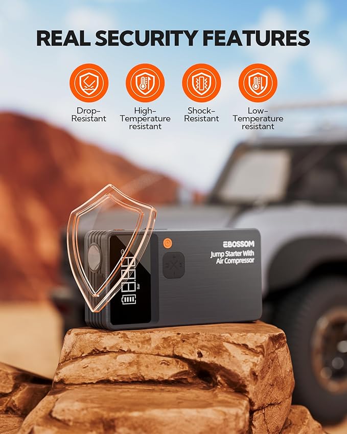 Car Battery Jump Starter with Air Compressor, Battery Jump Box with Tire Inflator,Jump Booster with Smart Jumper Cables,LED Light Emergency Car Kits for Vehicles,Arrancador Ae Batería