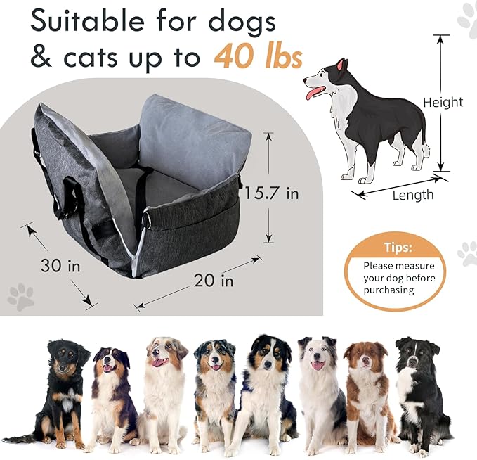 Dog Car Seat for Small/Medium Dogs Under 40 lbs - Elevated Pet Seat with Safety Belt, Non-Slip Base, and Storage Pockets for Car Travel Gray