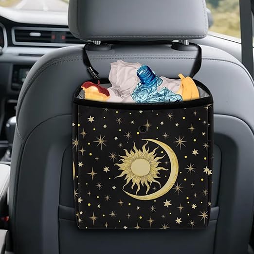Car Trash Bag Hanging, Sun Moon Stars Pattern Garbage Bag and Water Resistant Trash Can for Car, Leakproof Trash Can for SUV Truck Car Accessories(Black)