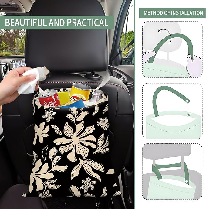Cute Car Trash Can, Hanging Canvas Car Back Seat Organizer and Storage Bag, Funny Car Trash Bag for Travelling, Outdoor Cute Black White Daisy