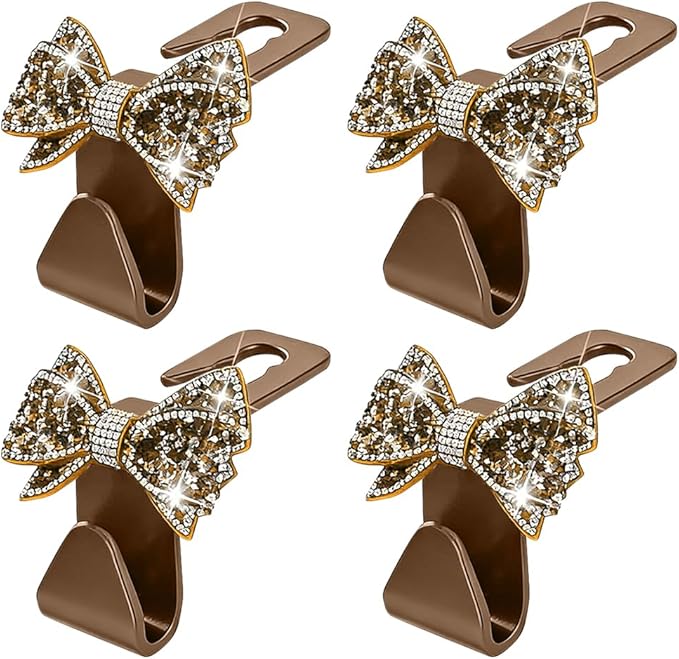 Zpana Bling Car Headreat Hook, 2PCS Crystal Rhinestone Cute Bow Vehicle Seat Back Hanger Storage for Purses Bags Grocery, Diamond Auto Rear Seat Organizer, Universal for SUV Truck Sedan (Gold)