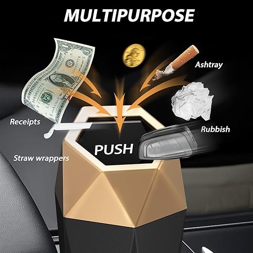 Car Cup Holder Trash Can, Car Trash Can with Lid, Mini Portable Trash Bin for Cars, Small Automatic Garbage Bin, Leakproof Cup Holder Trash Bin for Auto,Home,Office, Car Accessories (1, Gold)