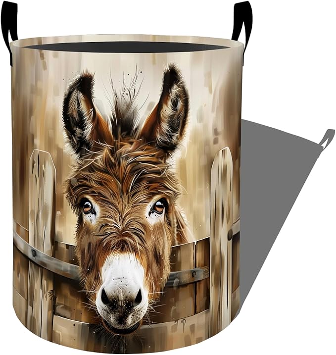 Brown Donkey Wooden Fence Laundry Basket with Handles, 19.7"x15.7" Clothes Foldable Laundry Hamper Organizer for Dorm Nursery Bedroom Bathroom Decor, Toy Storage Bin for Kids