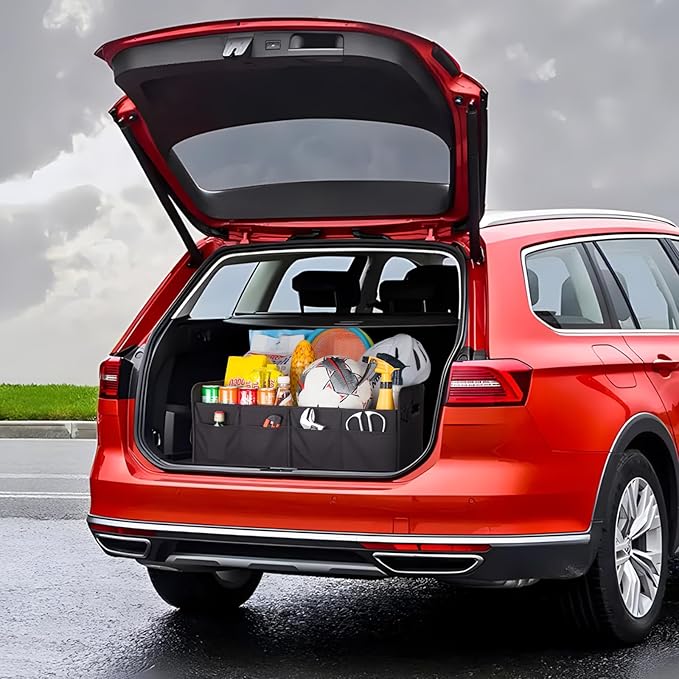 Trunk Organizer For Suv & Sedan,Car Organizers and Storage, Waterproof Collapsible & Adjustable Straps,75L Sturdy Car Organization for Car Accessories, Tools,Sundries,2-3 Compartment（Black）
