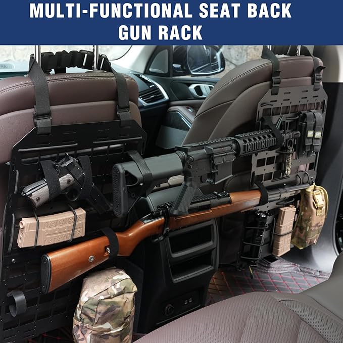 Pridefend 2 Packs Heavy Duty Rigid Tactical Seat Back Gun Rack with Molle Panel Vehicle Gun Holder,All-Steel Tactical Seat Back Organizer for Hunting Rifles/Shotguns