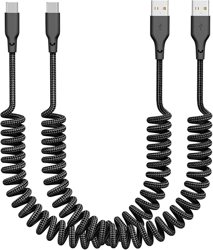 Coiled Car Carplay Charger Fast Charging，[2-Pack, 3Ft] Retractable Braid USB A to USB C Cable for iPhone 17/16/15/Plus/Pro Max/MacBook Pro, Type-C Cord,Black