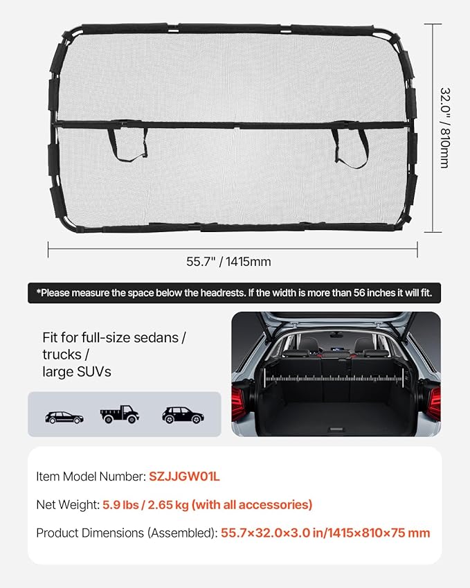 VEVOR Dog Car Barrier, 56" Wide Car Divider for Front Seats Installation, Vehicle Pet Barrier with See Through Net Mesh, Universal-Fit Dog Car Barrier for Full-Size Sedans, Trucks, and SUVs, Black