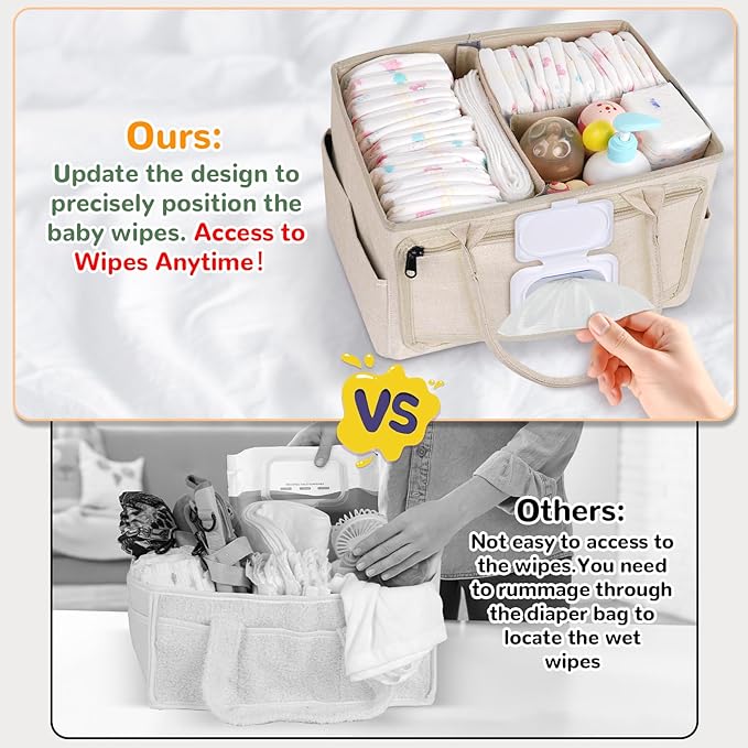 Diaper Caddy with Wipe Dispenser One-Handed Access, Premium Diaper Organizer, Portable Car Organizer Nursery Basket for Newborn Essentials, Baby Registry Must Haves for Boys & Girls, Beige