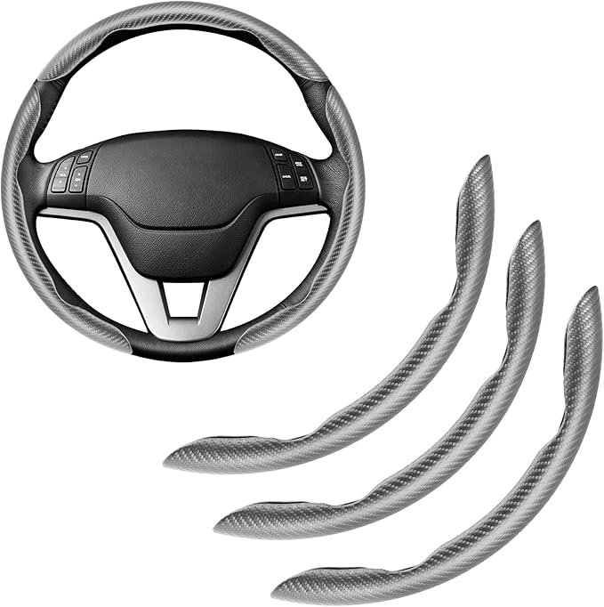 Amiss 3pcs Carbon Fiber Anti-Skid Steering Wheel Cover, Waterproof & Segmented Butterfly Design, Universal 99% Vehicle Wheel Cover Protector, Car Interior Accessories (Gray-3pcs)