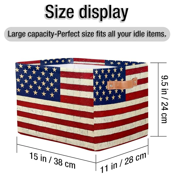 Usa Flag Storage Baskets for Organizing, Fabric Collapsible Storage Bins Box Vintage American Flag Decorative Toy Organizer Baskets for Closet Shelves Gift Basket 2Pcs