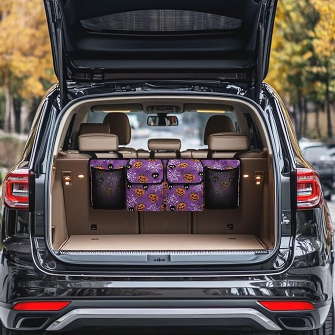 Hanging Car Trunk Organizer for SUV Sedans Jeep Trucks MPV Van, Halloween Spiderweb Pumpkins Collapsible Design Car Back Seat Storage Bag Automotive Interior Accessories