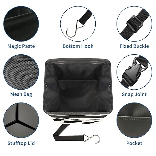 Black White Cow Print Car Trash Can with Lid Collapsible Reusable Waterproof Car Garage Bag,Automotive Garbage Can,Car Accessories Interior Car Organizer