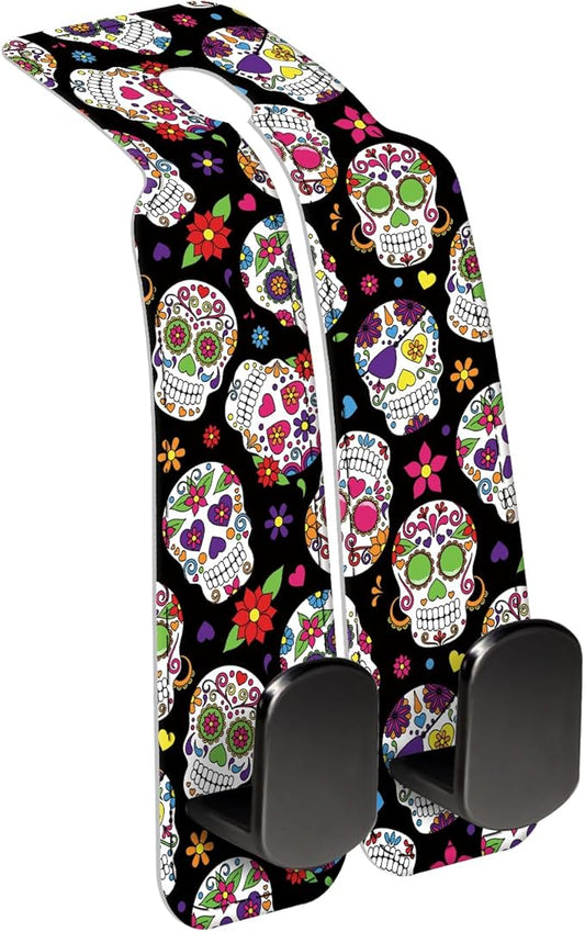 Car Seat Back Storage Headrest Hook, Premium Leather Double Metal Hook, Hanger Storage Organizer for Purse Cloth Bag, Car Interior Accessories Luxury Flower Skull