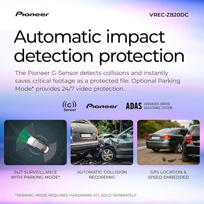Pioneer VREC-Z820DC Dual Dash Cam Front and Rear Car Camera - Premium 4K Camera, AI-ISP Starvis Night Vision, 139 Degree Wide Lens, ADAS Safety Alerts, Built in GPS, Impact Detection, 24/7 Coverage