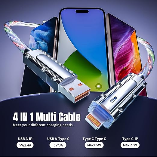 Travel Essentials,Dual Type-C 4 in 1 Multi Charging Cable, 3 FT Universal Charging Cables for All Devices, 2 USB-C/Lightning/Micro USB Port, Compatible with iPhone 17 16/15 Series/Phone/Tablet,66W
