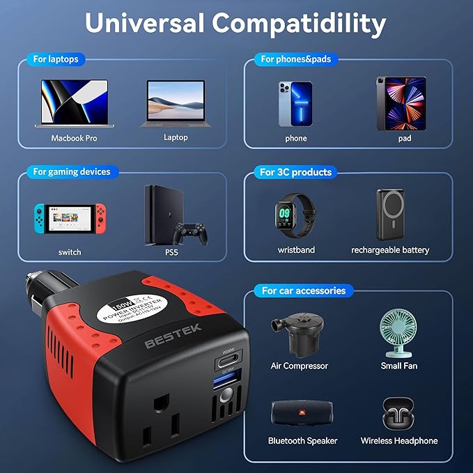 BESTEK 150W Power Inverter 12V to 110V Voltage Converter Car Charger Power Adapter with PD30W QC18W Dual USB Charging Ports