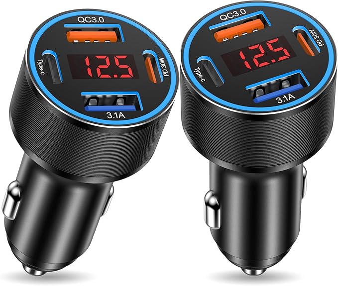 USB C Car Charger,2Pack 65W 4 Port Fast Charging Car Phone Charger with Voltage Display,Multi Port Cigarette Lighter Adapter USB Chargers for iPhone 17 16 15 14 Pro Max,Galaxy S25,iPad,Pixel,Android