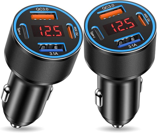 USB C Car Charger,2Pack 65W 4 Port Fast Charging Car Phone Charger with Voltage Display,Multi Port Cigarette Lighter Adapter USB Chargers for iPhone 17 16 15 14 Pro Max,Galaxy S25,iPad,Pixel,Android