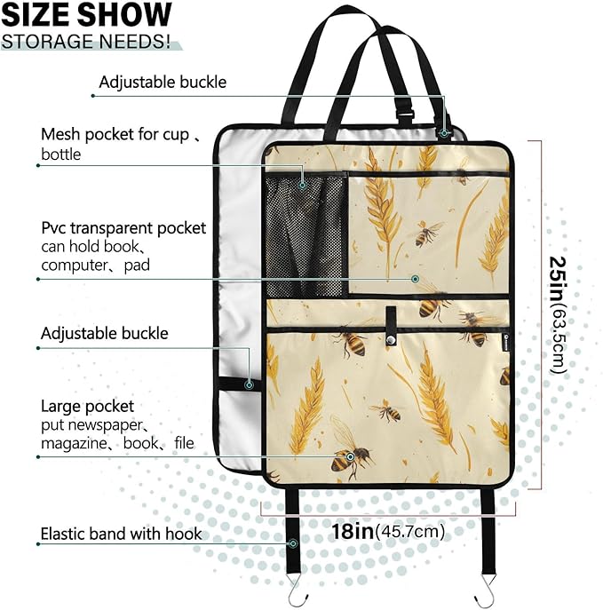 Fall Wheat Yellow Bees 2 Pack Backseat Car Organizer with Storage Pockets Seat Back Organizers for Kids Kick Mats Backseat Protector Automotive